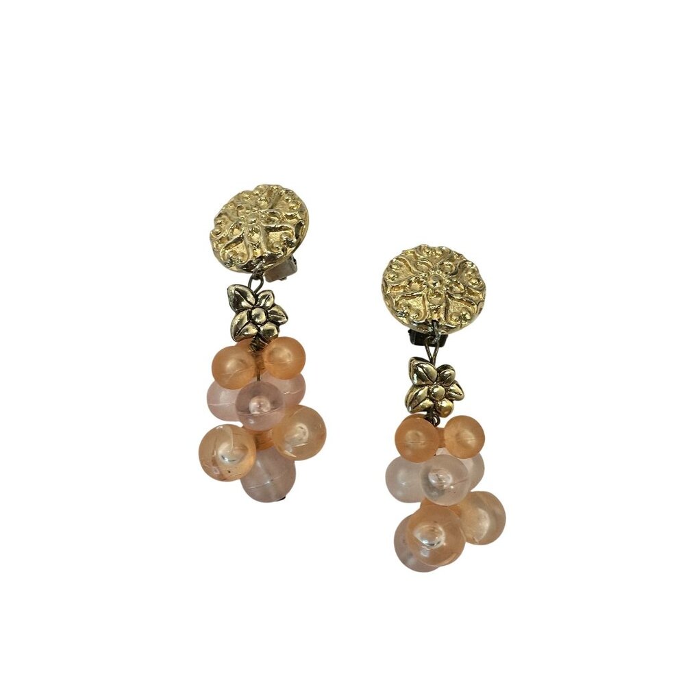 Vintage Gold & Peach Beaded Clip On Earrings Dangle Drop Bubble Flower